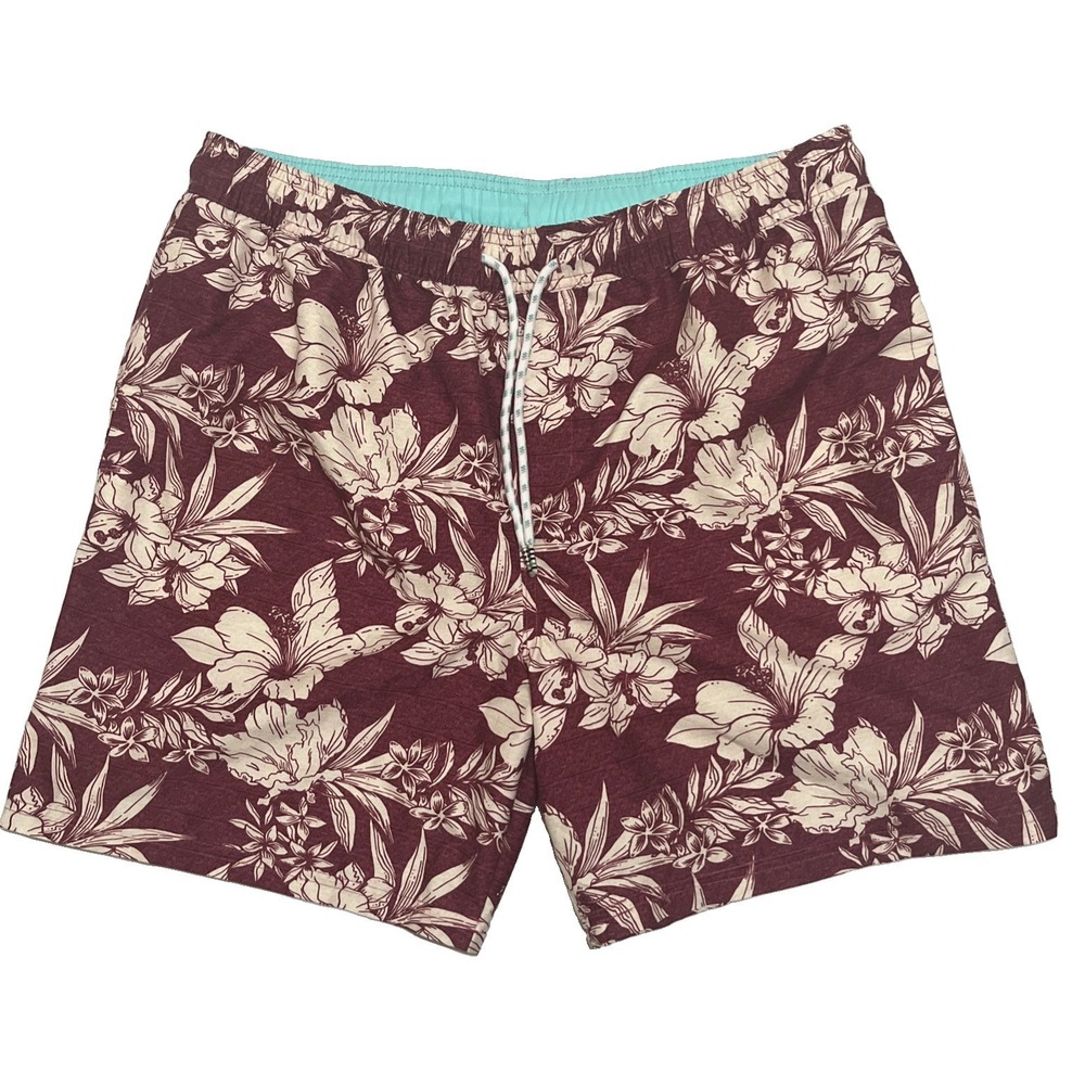 Goodfellow & Co Mens Swim Trunks Maroon Hawaiian Flowers Size L